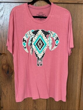 Crazy Train Pink Short Sleeve Tee with Southwestern Ram Skull Graphic